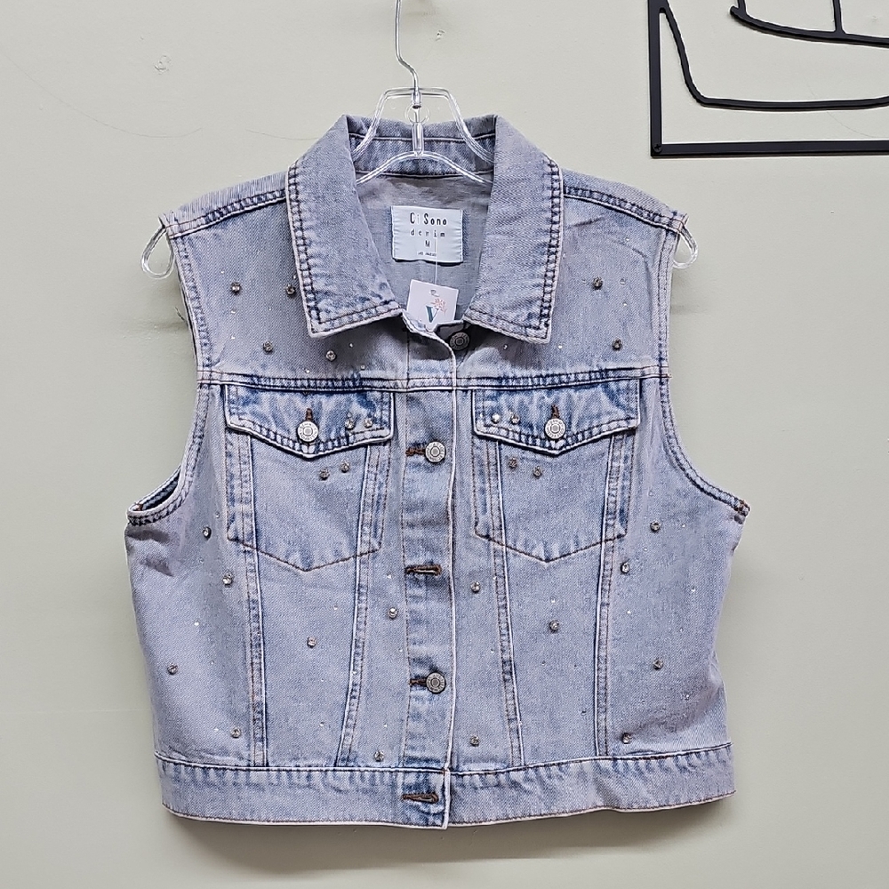 Ci Sono Studded Denim Vest - Gray